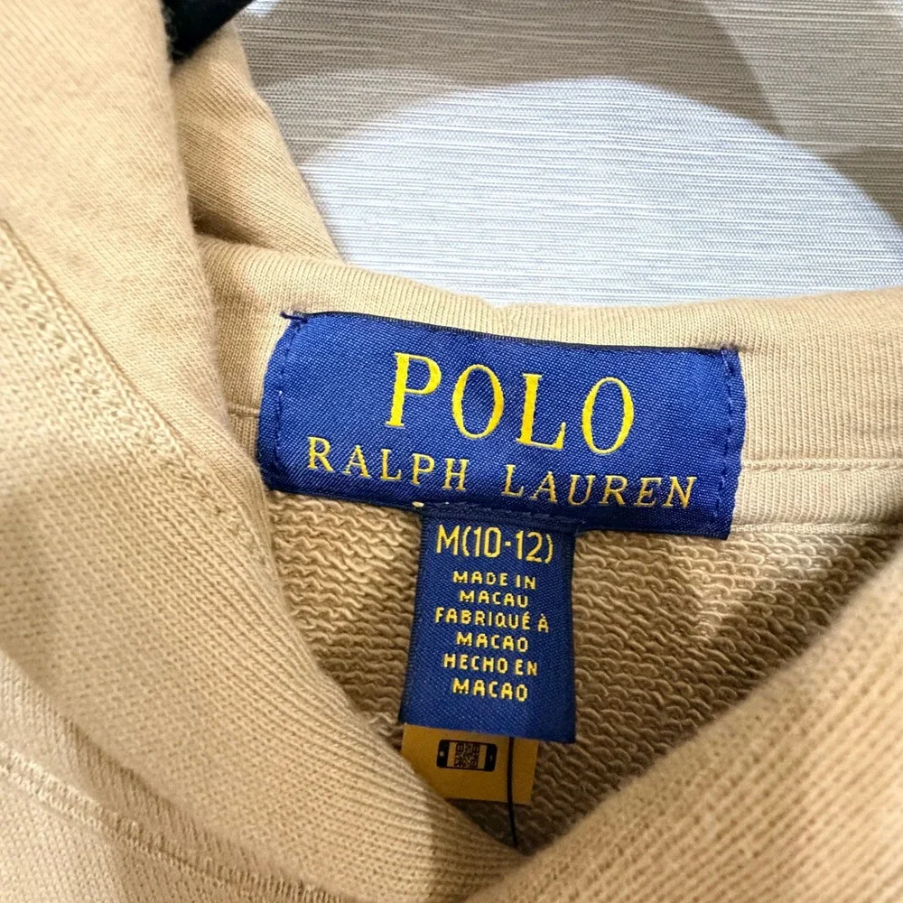 Polo Ralph Lauren Boys Khaki Tan Hoodie Logo Hood Pullover Size M 10-12